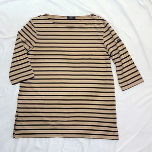 Saint James PHARE 3/4 sleeve bateau neck tunic, French Size 44, tan/navy